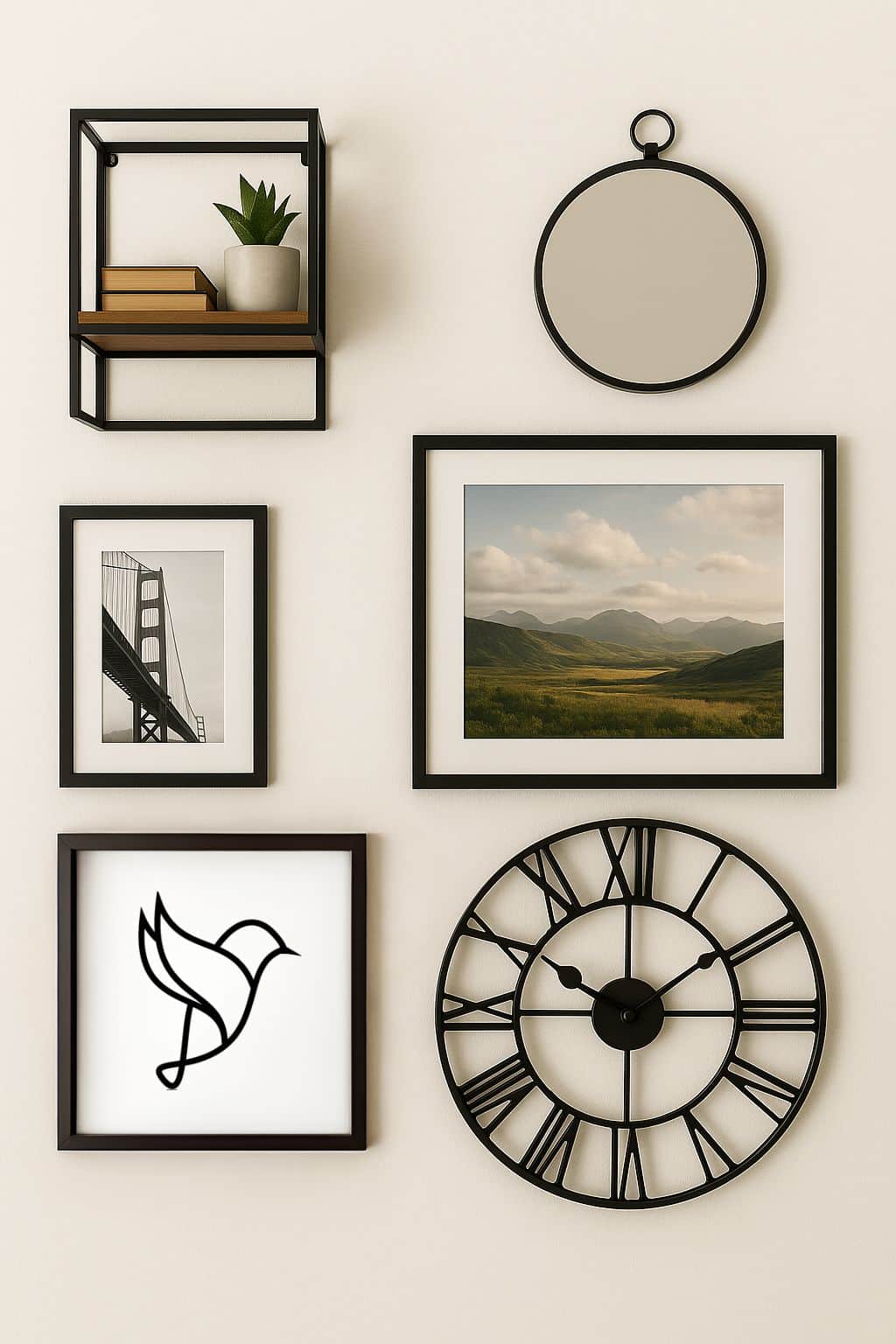 Dekoracje Loftowe Loft-Dekorationen FüR Die Wand: Eine Metall-Uhr, Schwarze Bilderrahmen Mit Fotos, Ein Regal Mit BüChern Und Eine Pflanze Im Topf, Ein Spiegel Im Schwarzen Rahmen Sowie Ein Rahmen Mit Dem Sikorka-Logo.